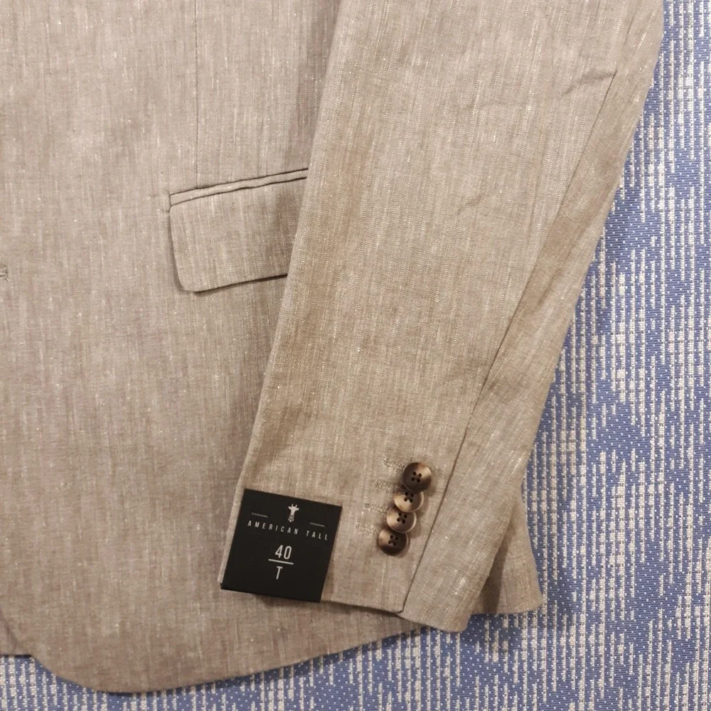 American Tall Linen Blend Blazer Jacket Mens 40 Tall Beige Unstructured NEW